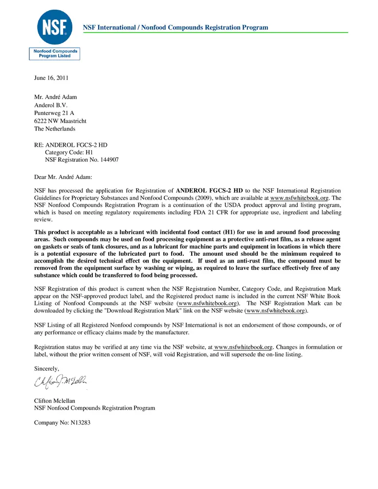 Anderol certification