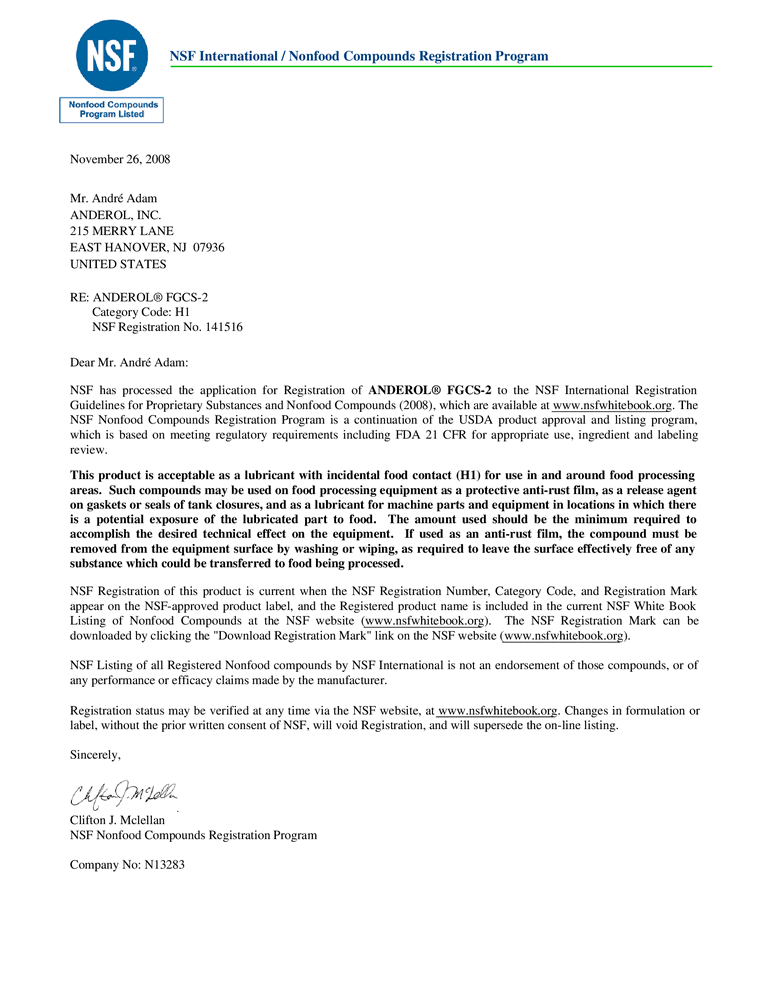 Anderol certification