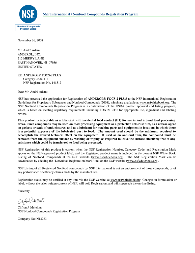 Anderol certification